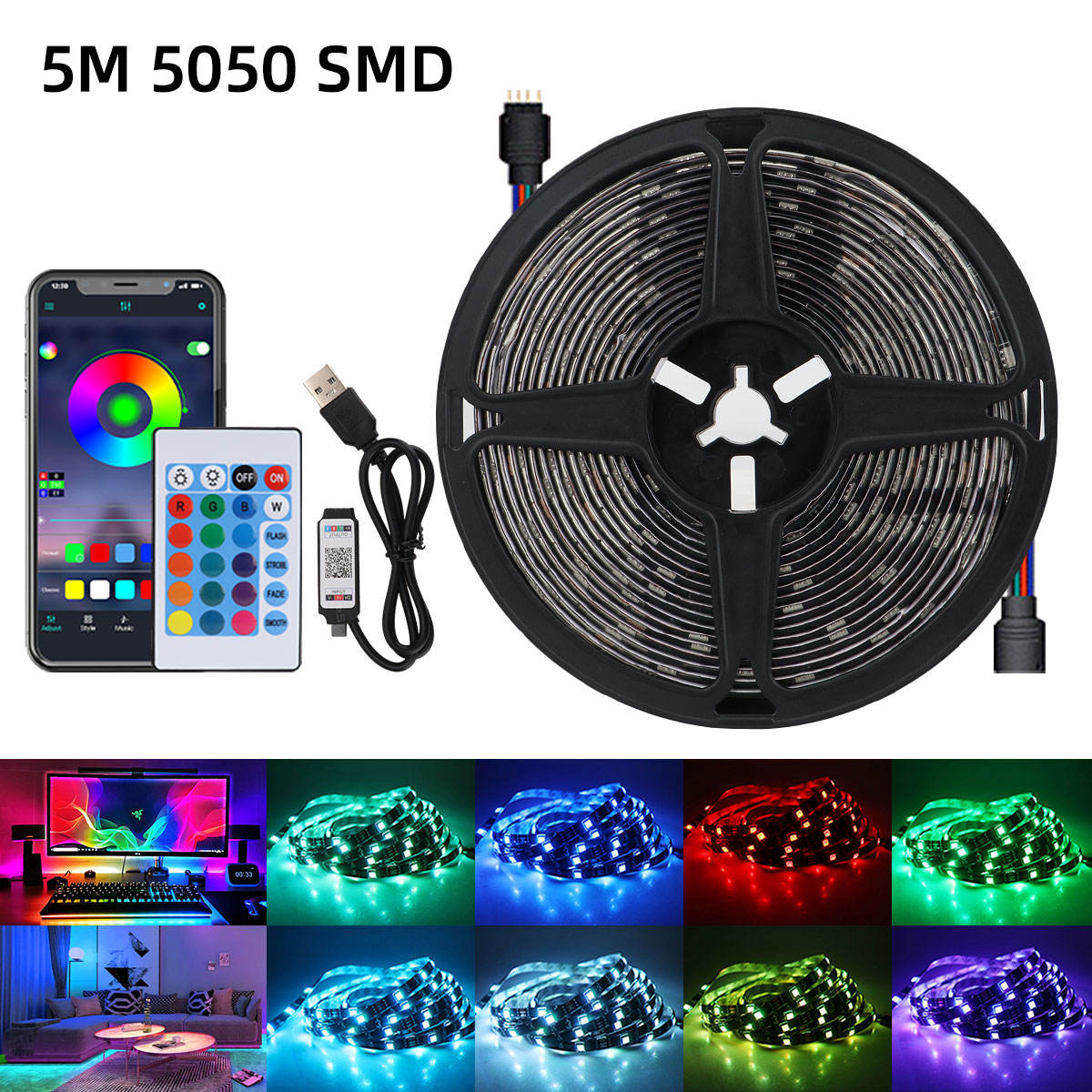 5M Rgb Led Strip Light Kit With Remote Control Waterproof
