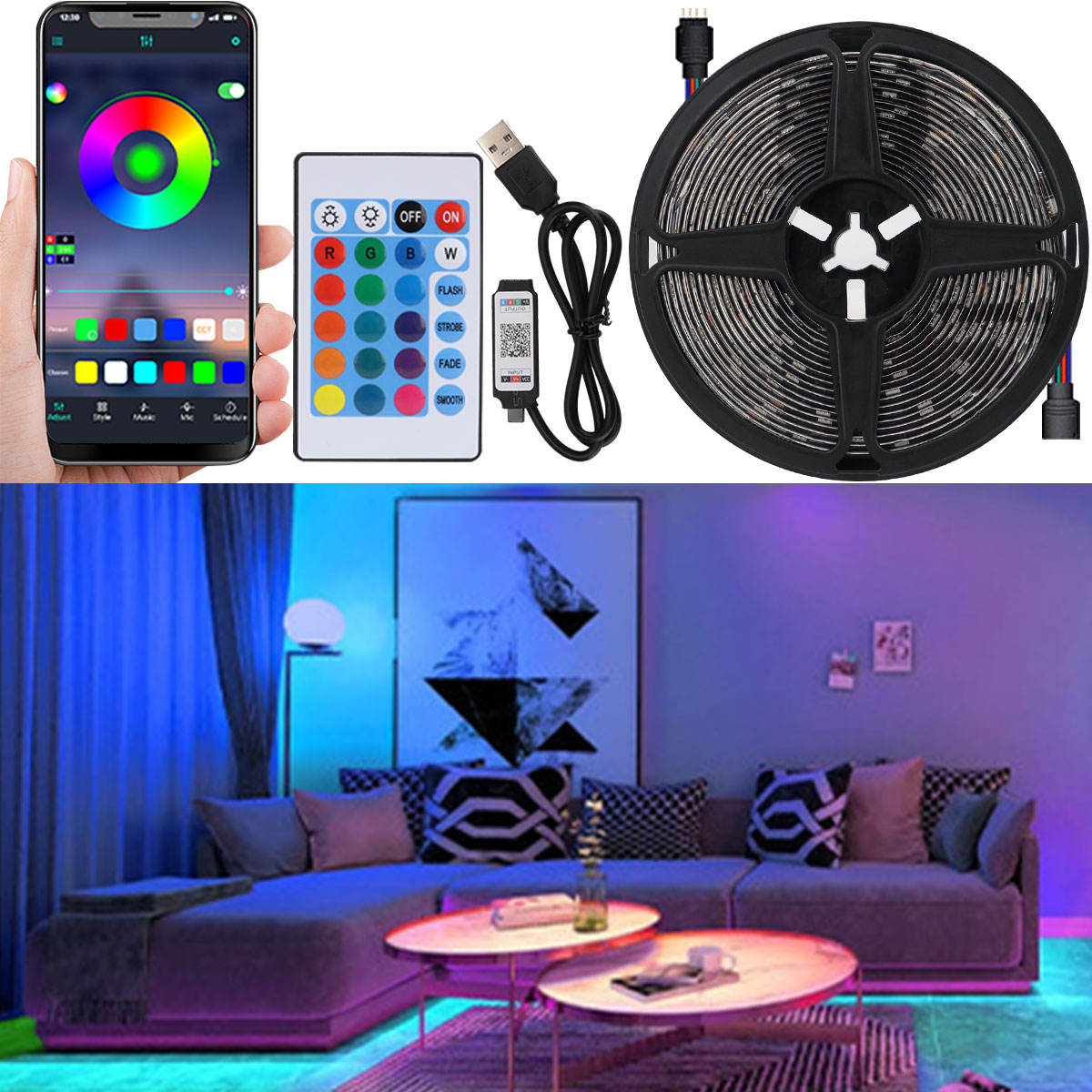 5M Rgb Led Strip Light Kit With Remote Control Waterproof